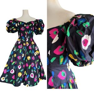 Fantastic A.J. Bari Vintage 80’s 90’s Cocktail Dress Puff Sleeve Preppy